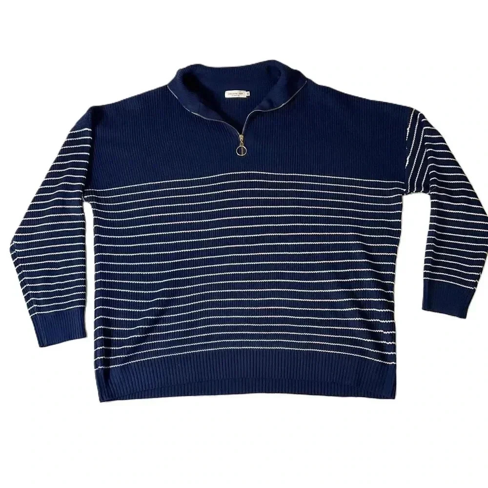 Chicsoul Blue White Striped Quarter Zip Pullover Sweater Long Sleeves Womens 2XL